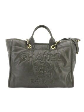 Chanel Deauville GM 2-Way Tote Chain Shoulder Bag Leather Khaki